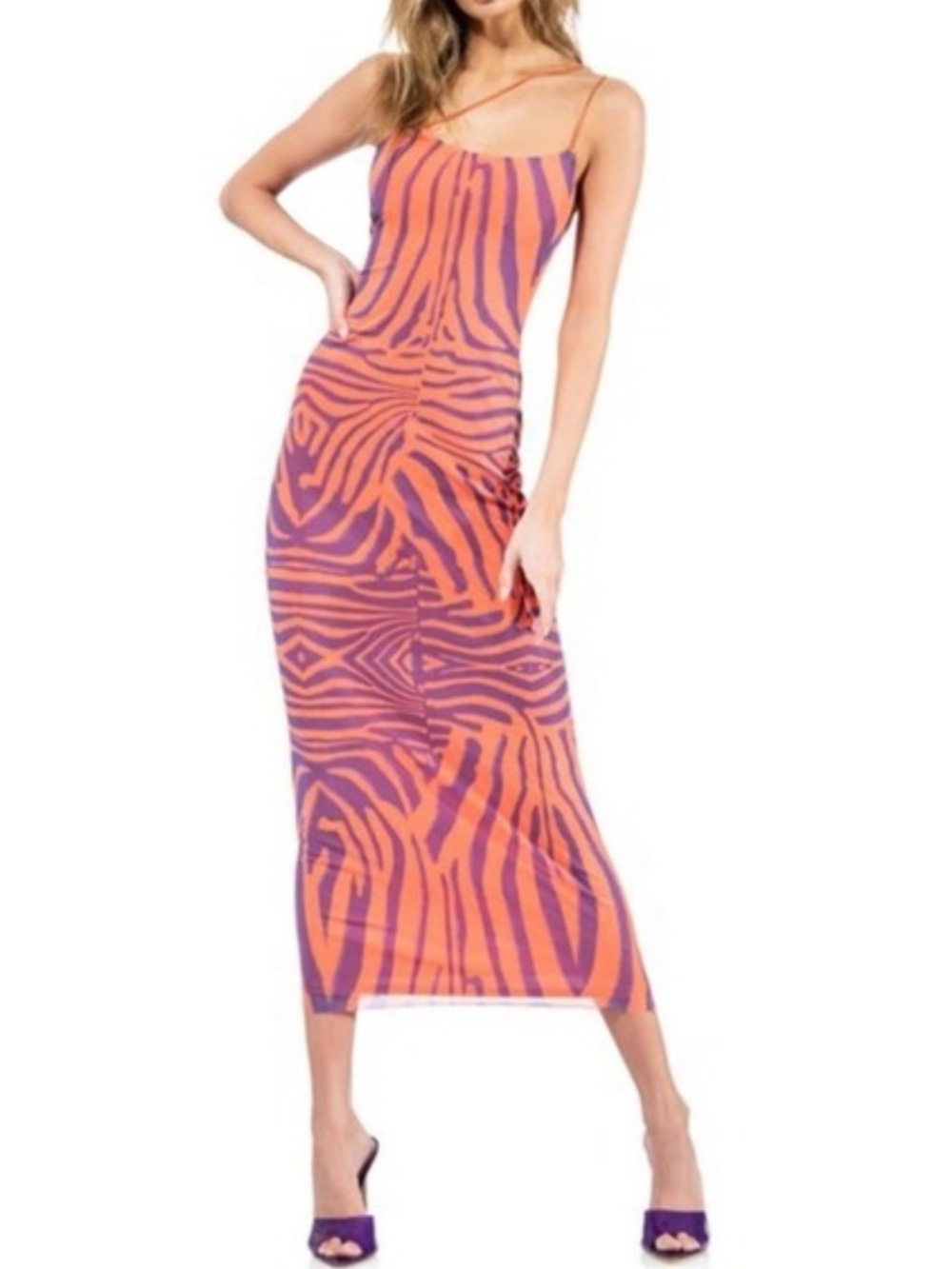 AFRM Orange and Purple Zebra-Print Slip Midi Dress